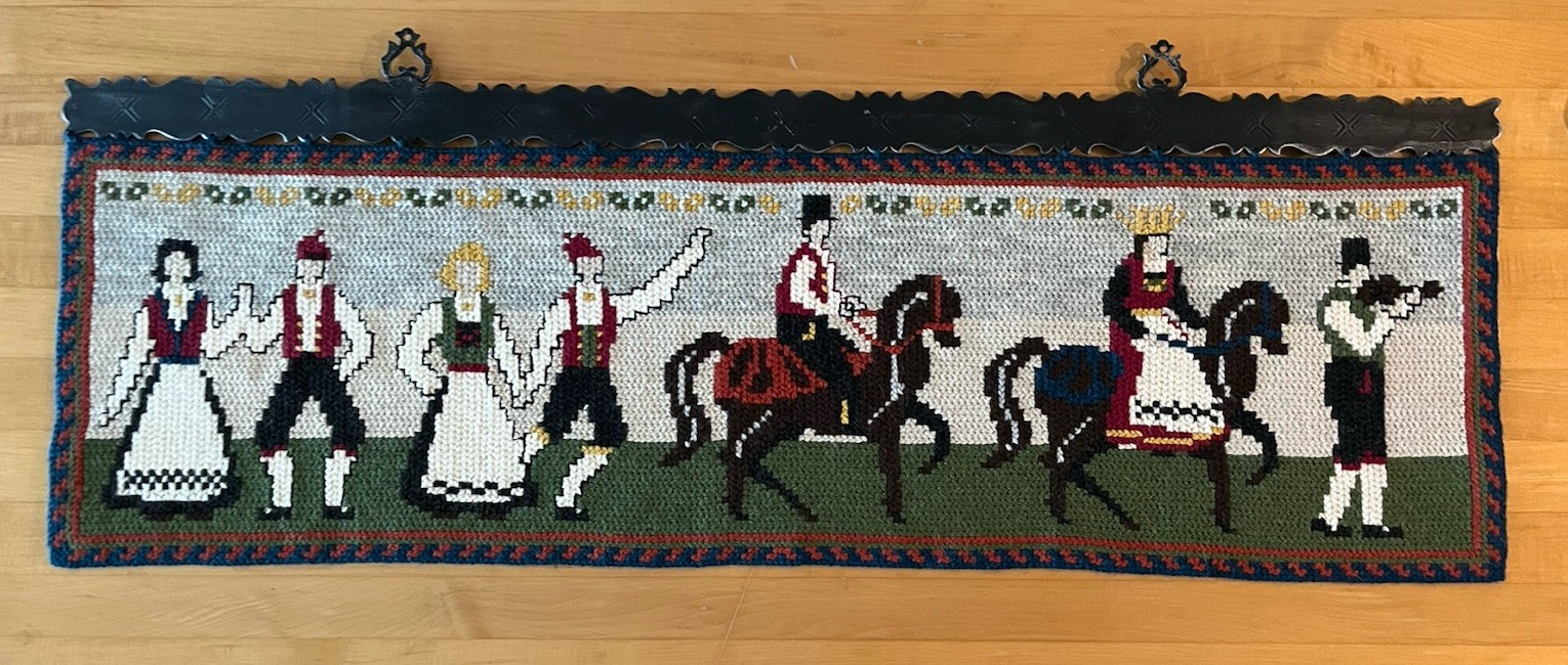 Norwegian Hand Embroidered Tvistsom Folk Art Tapestry 36in With Iron Hanger