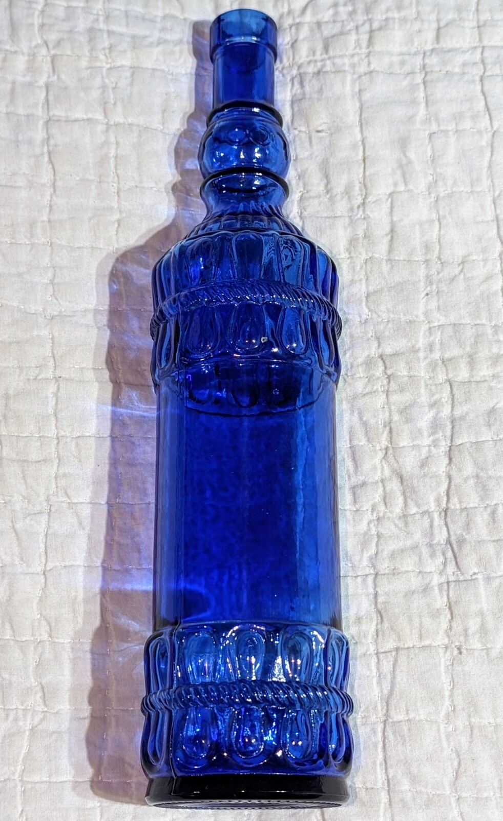 Decorative Blue Glass Bottle Embossed Rope Design Home Decor 12″ Collectible Vtg