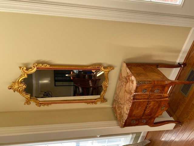 Used Mirror (Medium sized) with painted gold-colored rim. (BUYER MUST PICKUP)