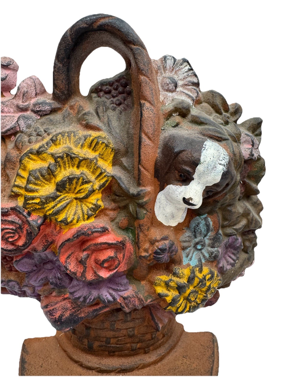 Antique Upper Deck Cast Iron Doorstop 11″ Basket Flowers Puppy Dog Floral VTG