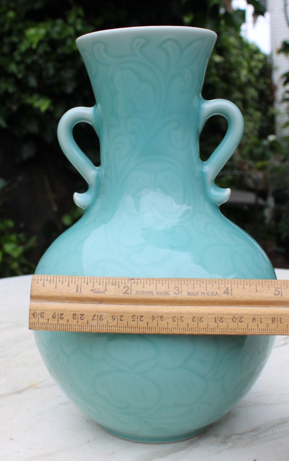 Late 20th century Porcelain Longquan China Carved Celadon Vase w/ Two Handles