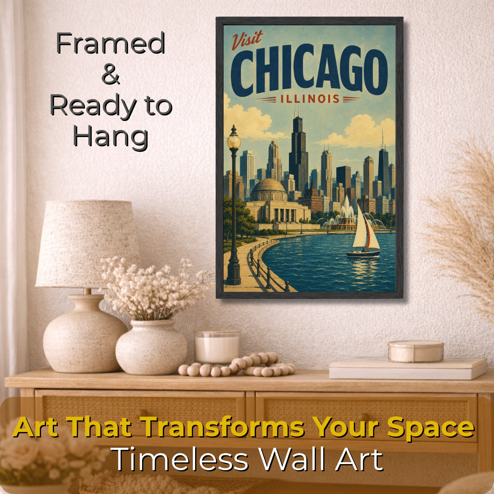 Framed 11×17 Vintage Chicago Travel Poster Illinois Skyline Wall Art Retro Style