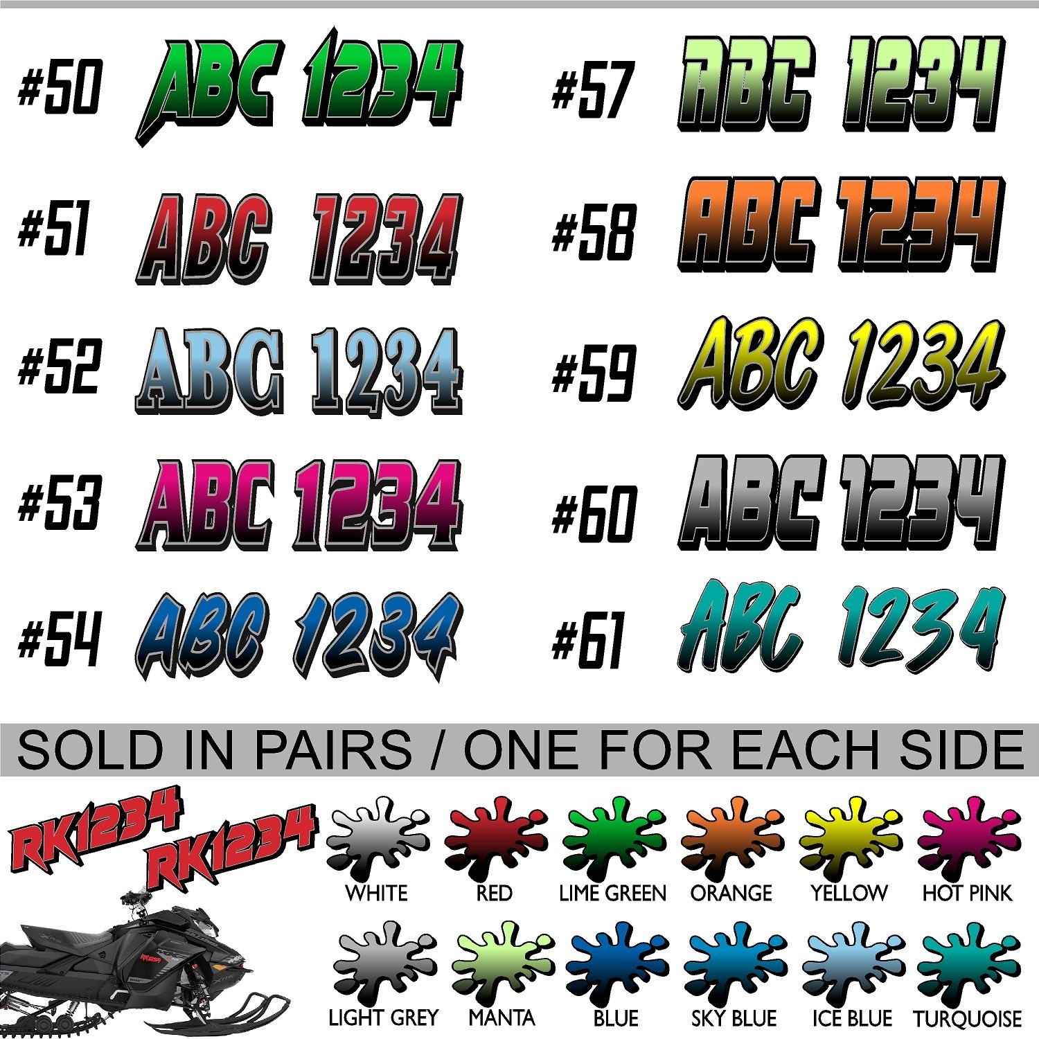 Snowmobile Registration Number Decals (Two Decals) Custom Vinyl Numbers GRB
