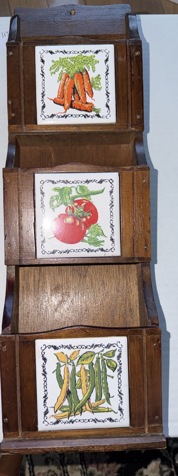 Vtg MCM Wood 3 Slot Wall Mail Holder Bill Organizer Vegetables