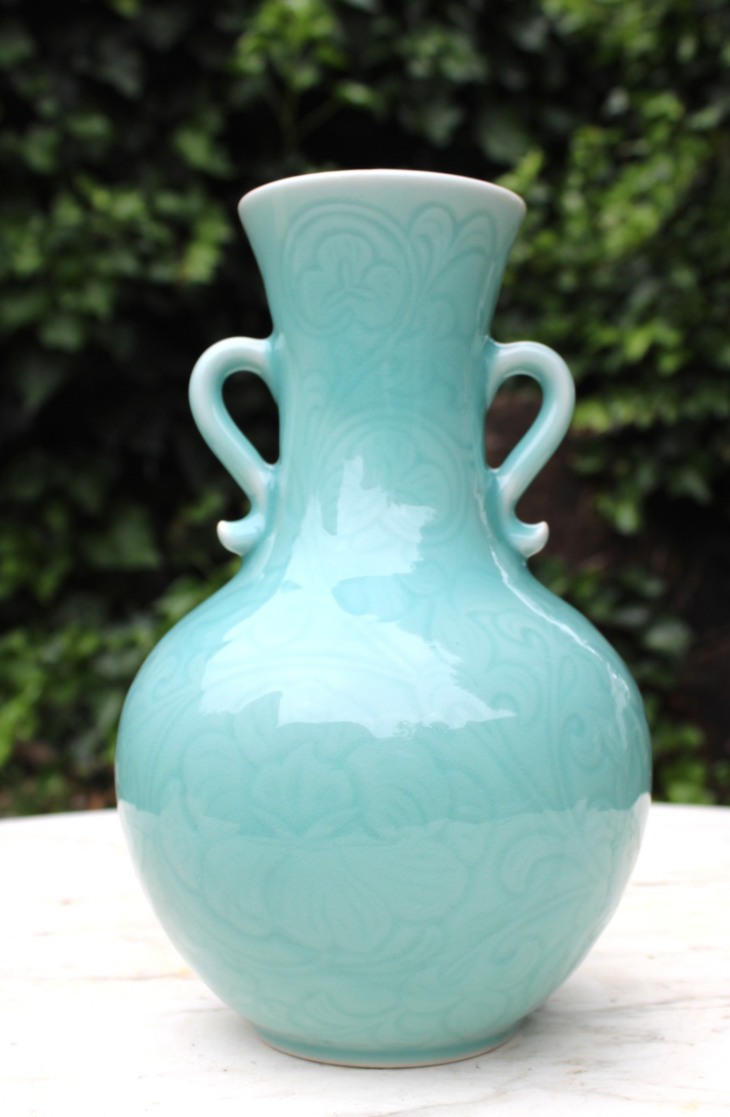 Late 20th century Porcelain Longquan China Carved Celadon Vase w/ Two Handles