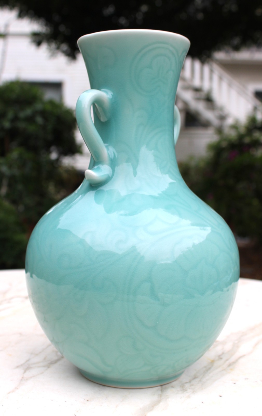 Late 20th century Porcelain Longquan China Carved Celadon Vase w/ Two Handles