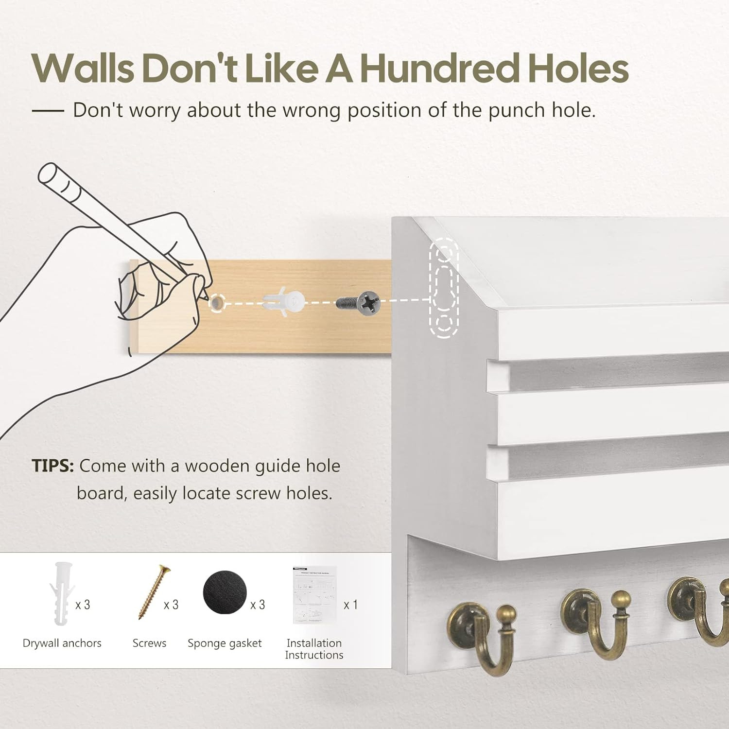 Key Holder Wall Mount: Key and Mail Holder for Wall with 6 Hooks and Storage Dra