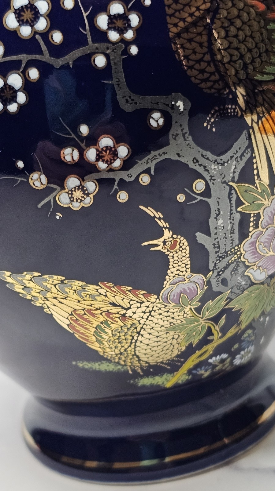 Vintage Japanese Cobalt Blue Vase With Peacock & Floral Design 6 Inches High
