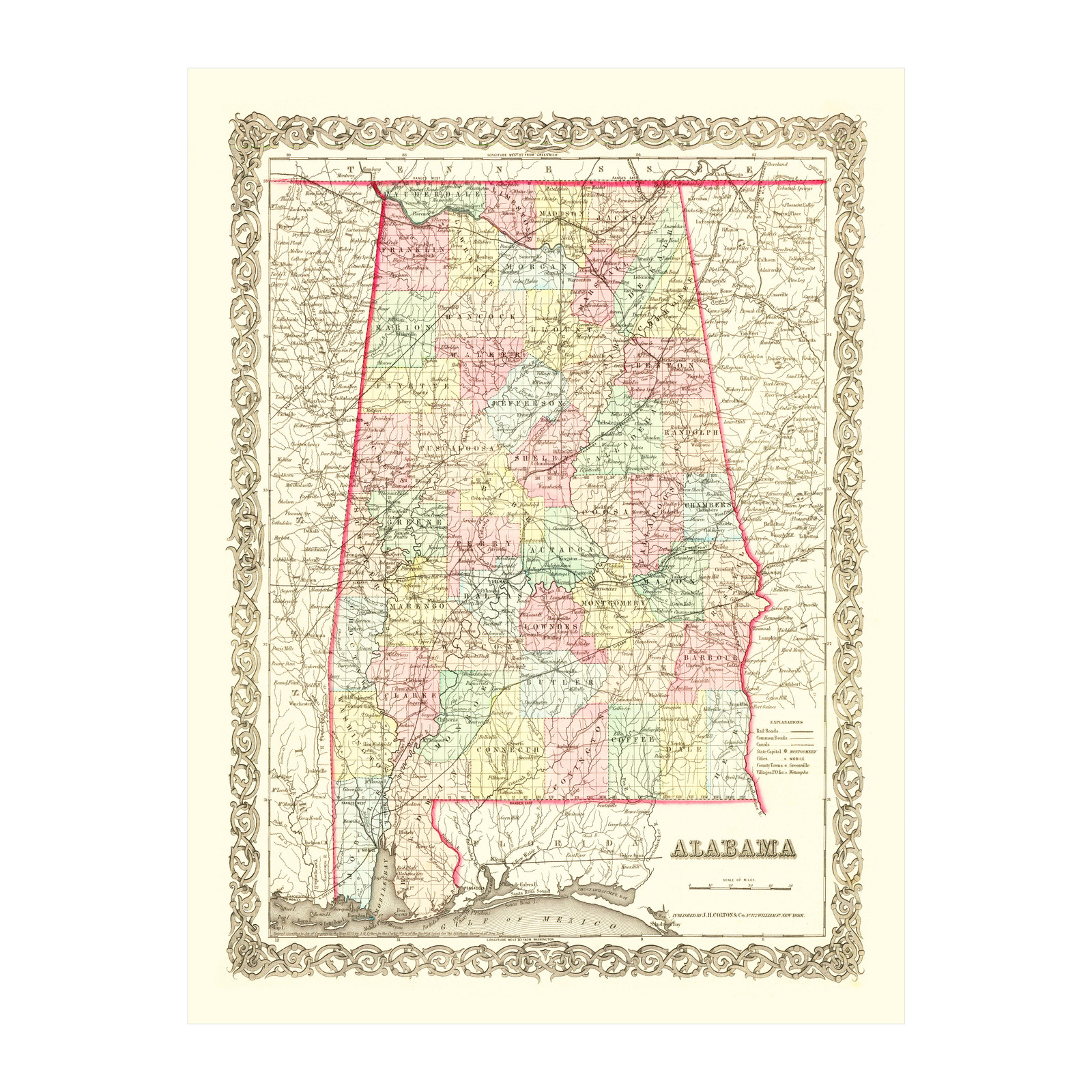 Old Map of Alabama 1855 – Vintage Alabama Art