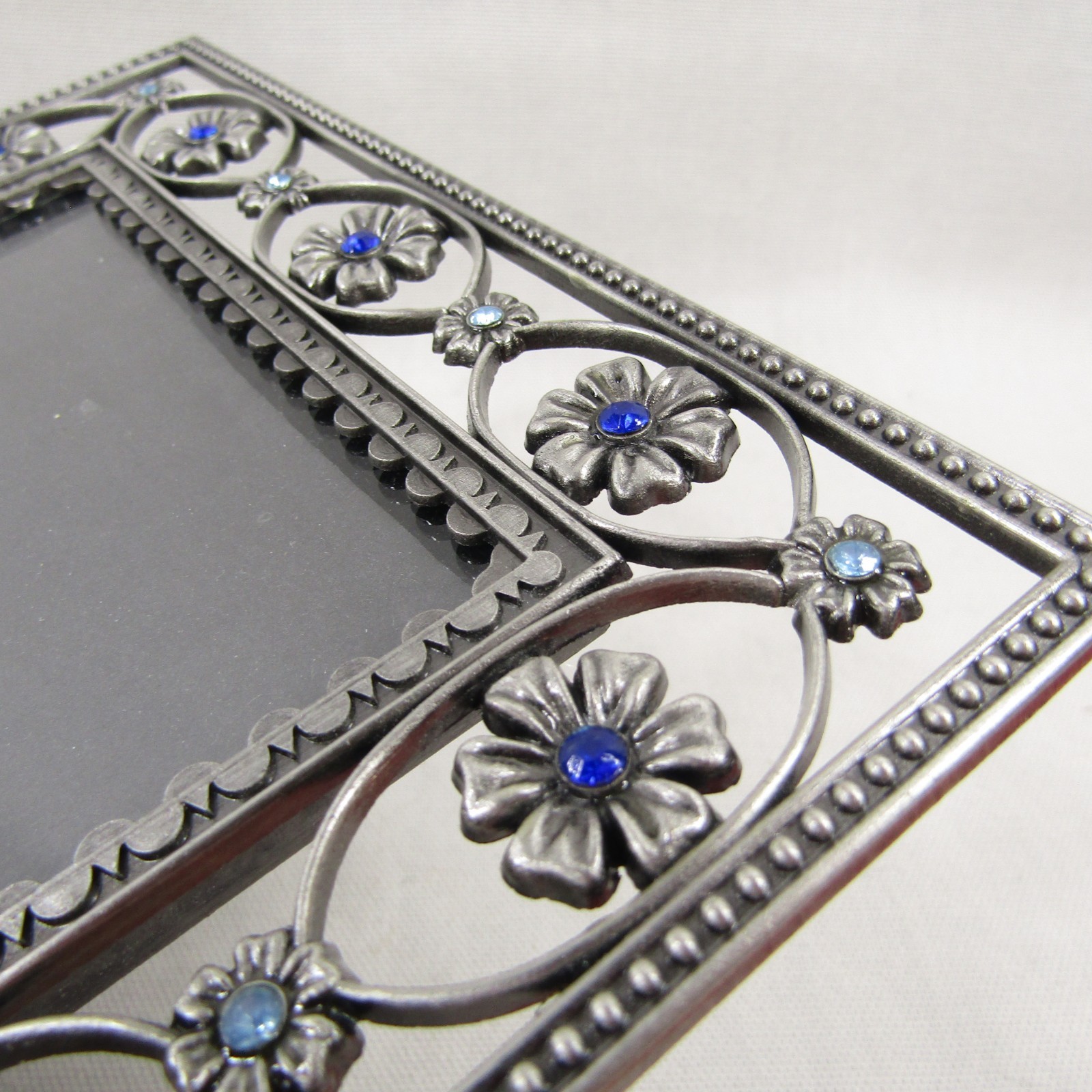 Blue Rhinestone Picture Frame Pewter-Tone Metal Floral Freestanding 4×6 photo