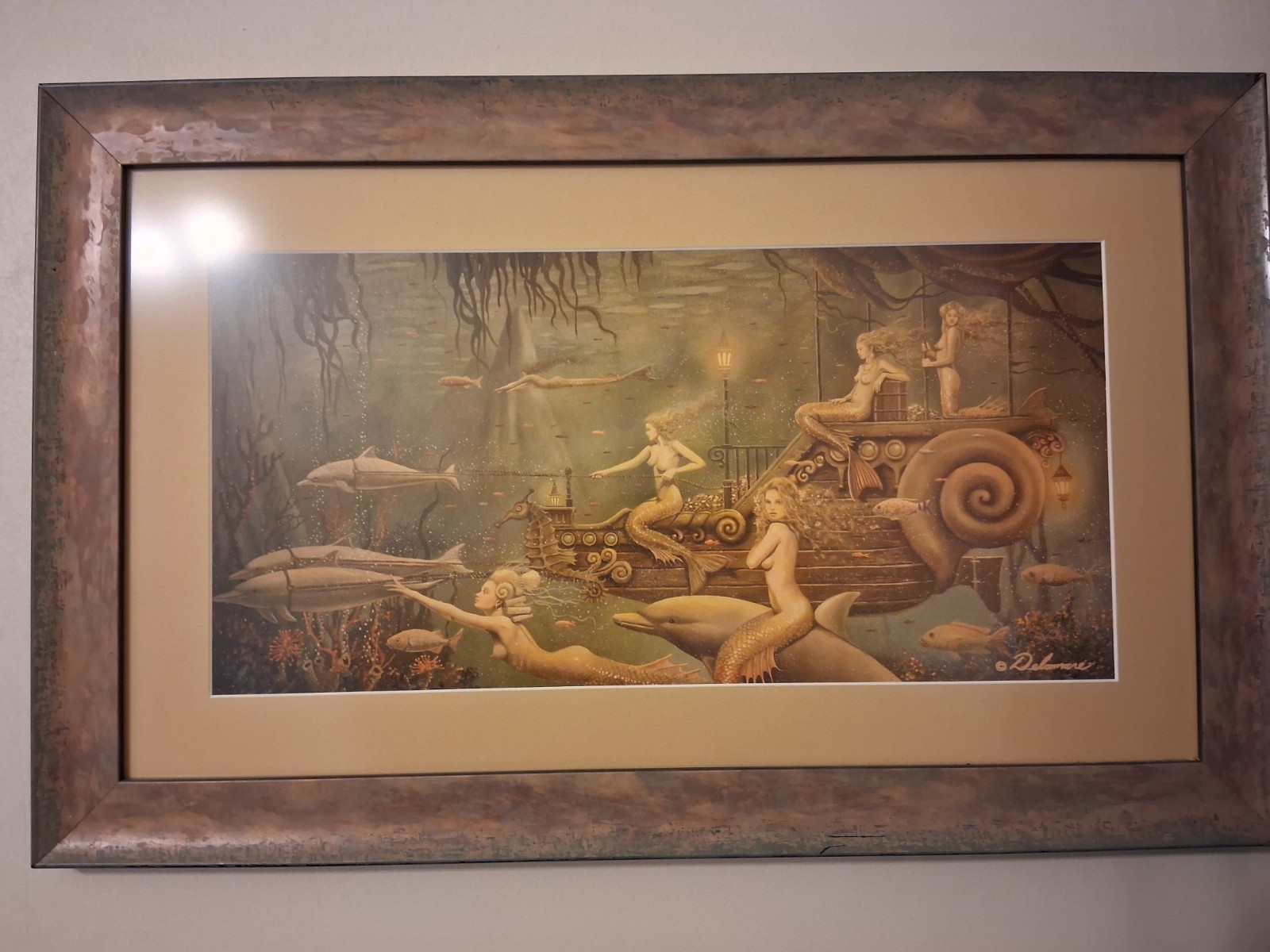 D. Delamare Horizontal Multicolor Mermaid Art Framed Print Wall Decor, Matted