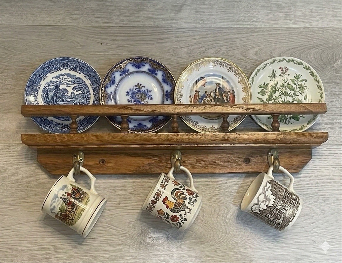 VTG Wood Wall Shelf Spindle Plate Rail Rack Coat Mug Key Holder 3 Brass Hooks