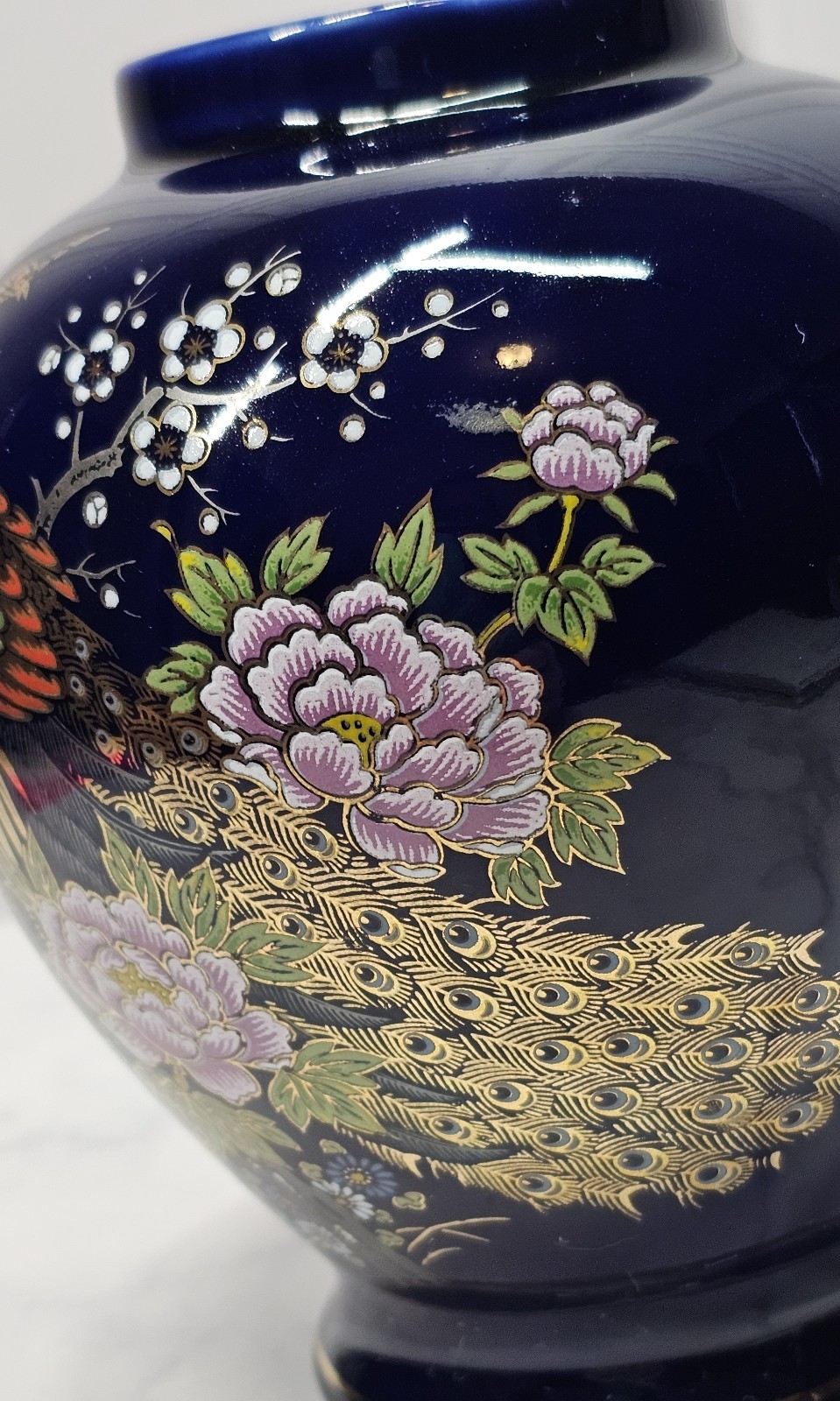Vintage Japanese Cobalt Blue Vase With Peacock & Floral Design 6 Inches High
