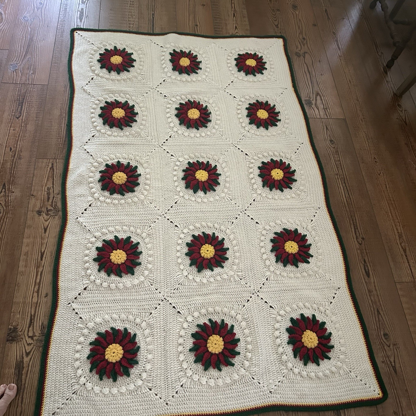 Vtg Christmas Crochet Afghan 3D Poinsettias White 38”x63” Red Green Bordered