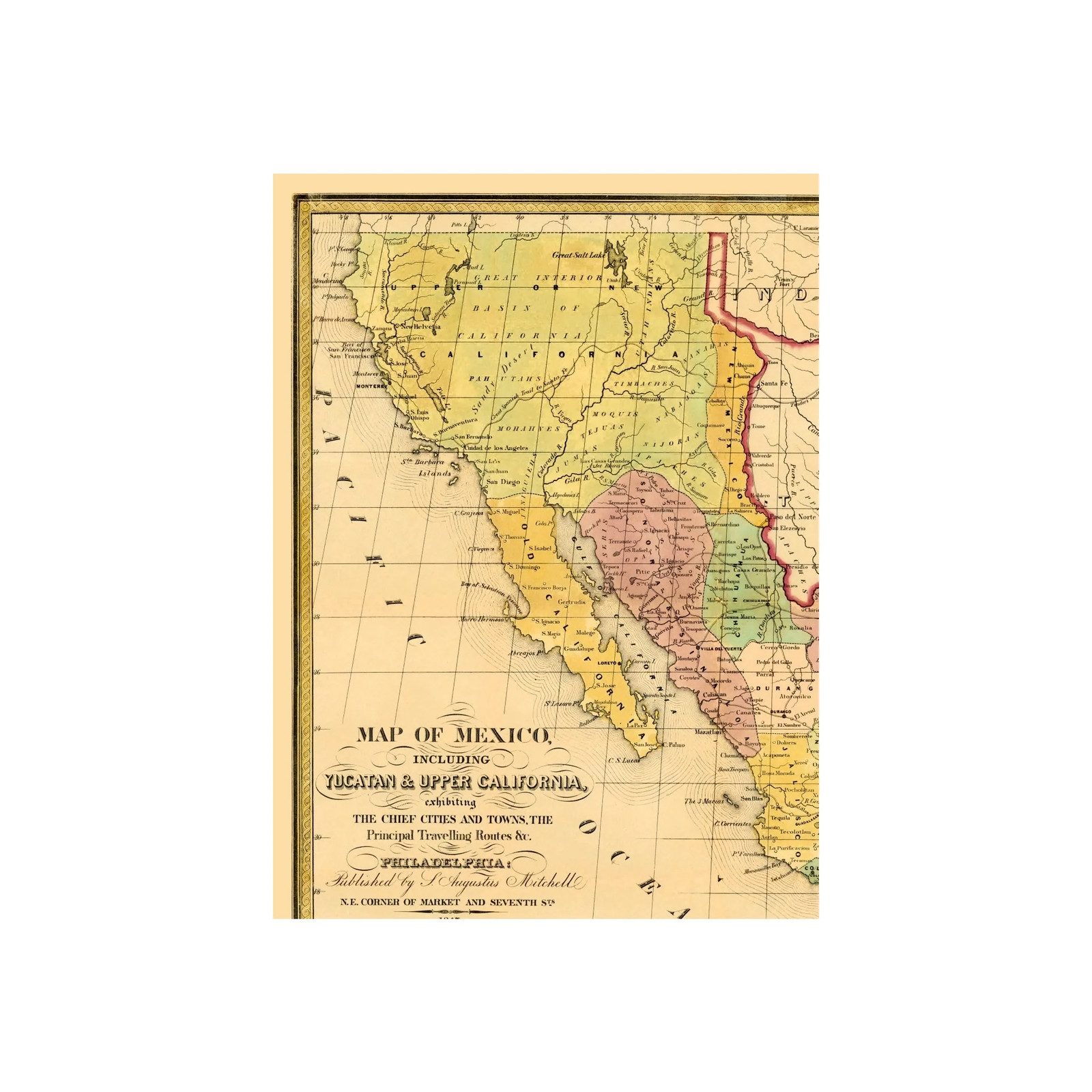 Historic Map – Mexico Yucatan Upper California – Mitchell 1847 – Vintage Wall