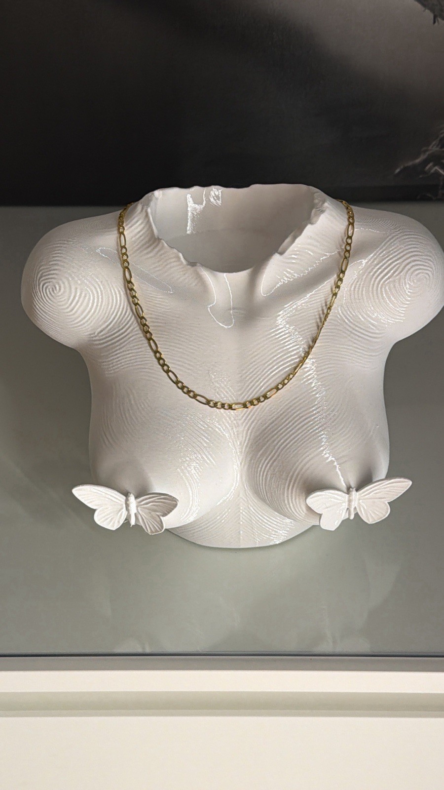White 3d printed Torso Art Vase with Butterfly Accents, Modern Abstract Decor