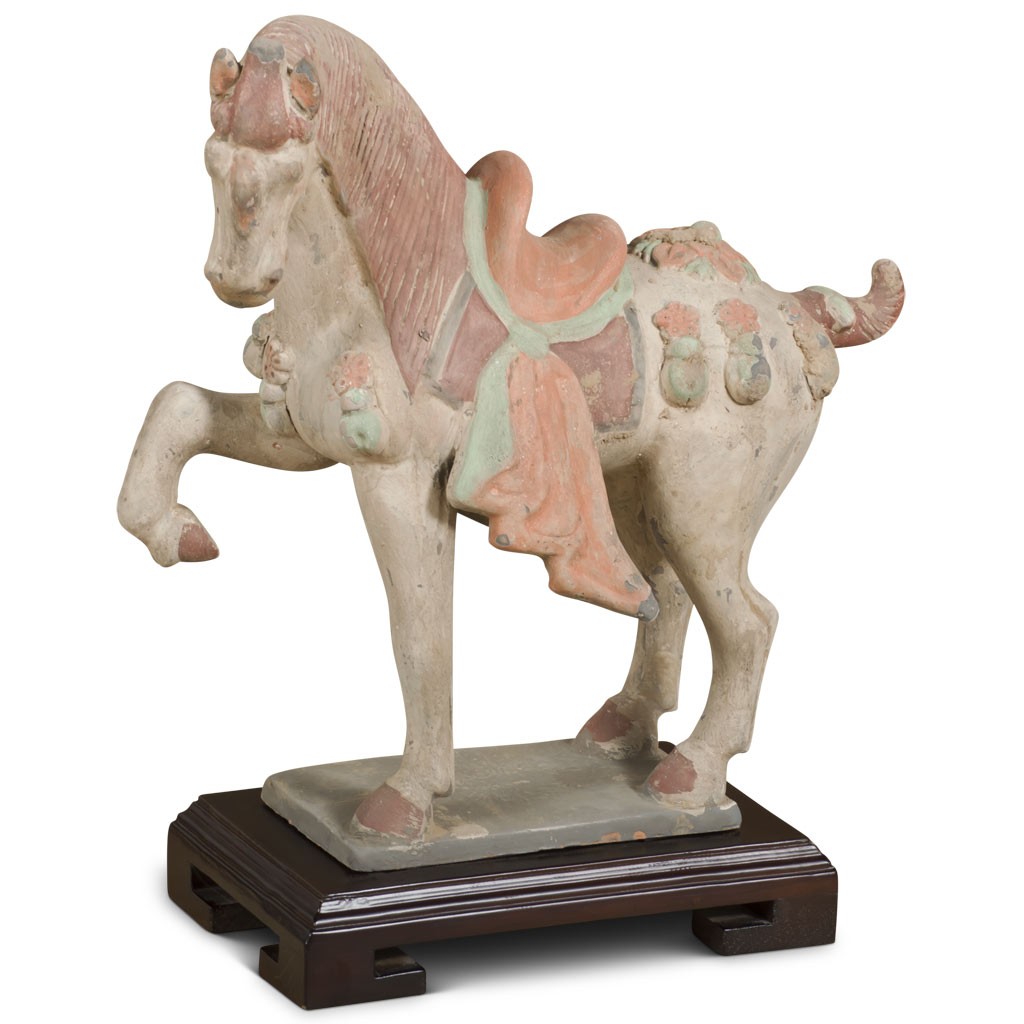 US SELLER – Tang Dynasty Ceramic Horse with Ornate Saddle Tomb Figurine Replica