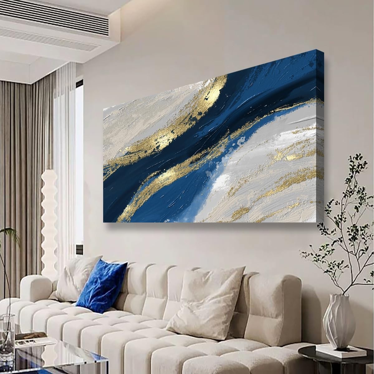 Unique Abstract Canvas Wall Art – 20x40in Golden Blue Modern Print for Any Room