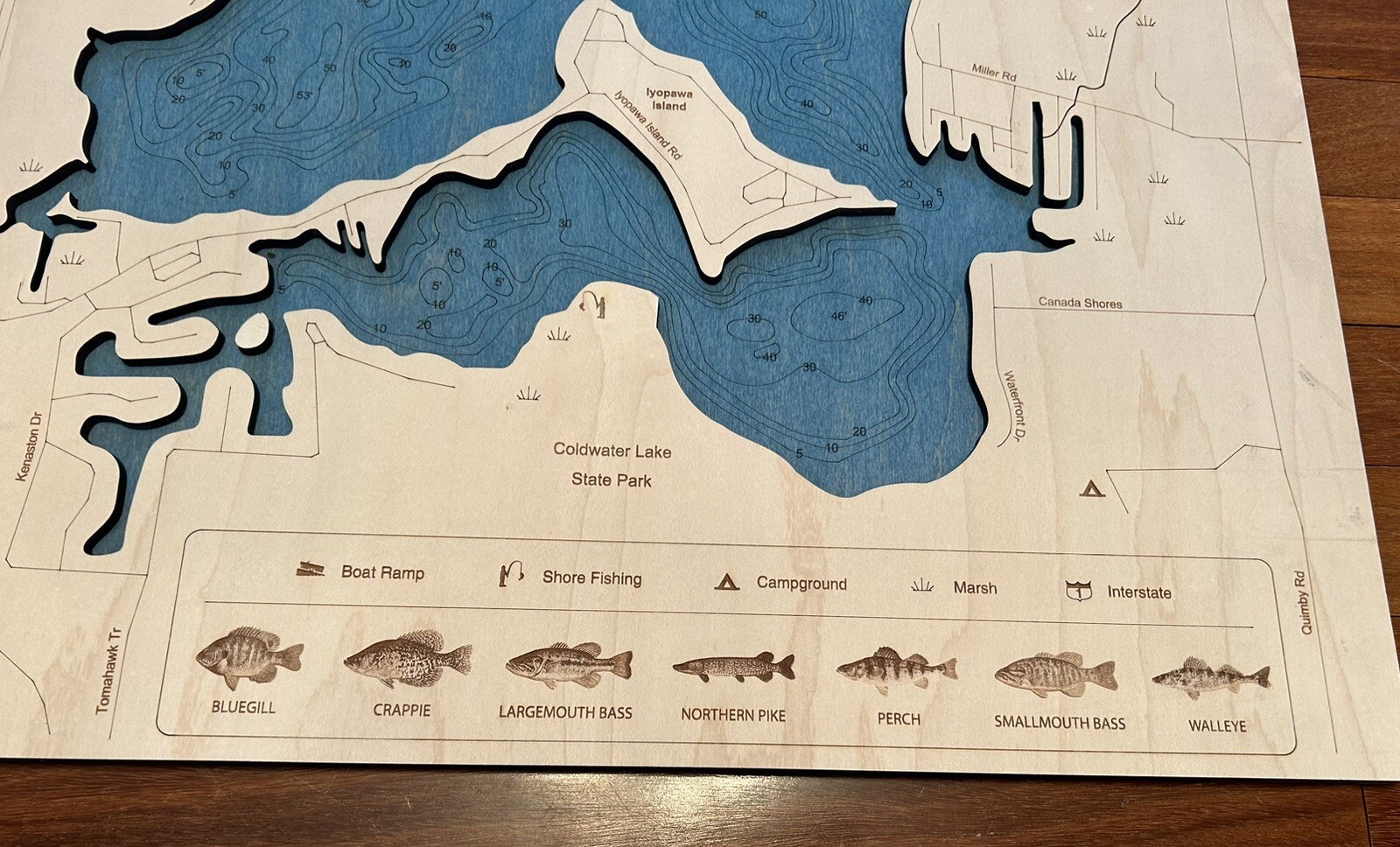 Sportsman’s Connection Wood Laser Cut Contour Wall Map Coldwater Lake Michigan