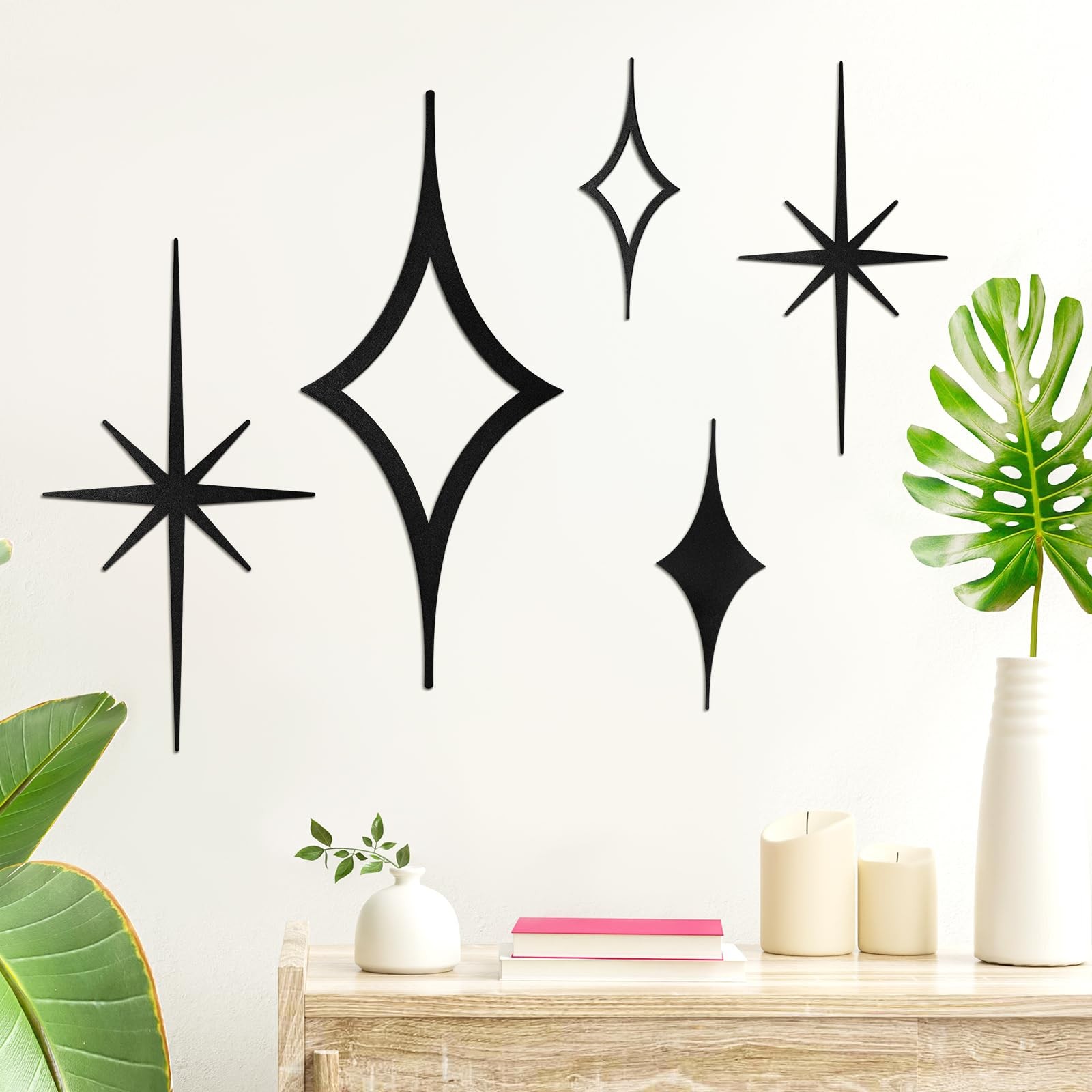 5 Pieces Mid Century Wall Decor Black Metal Vintage Starburst Retro Decor Mcm…