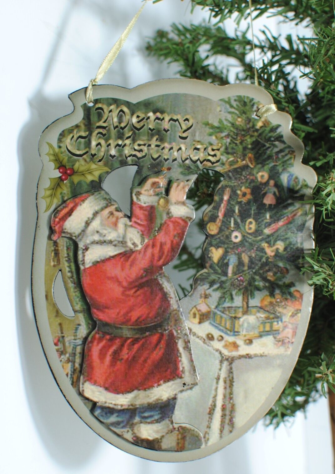 Vintage Santa and Angels Hanging 8in on Ribbon Victorian Christmas Sign Lot of 2