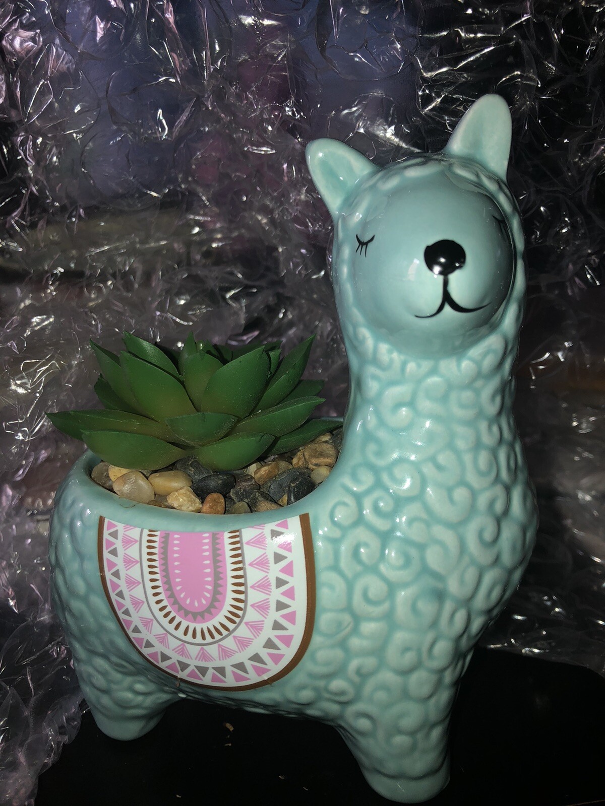 Llama Ceramic Vase W/Faux Succulent In Pebbles. 6 Inches High Including Plant