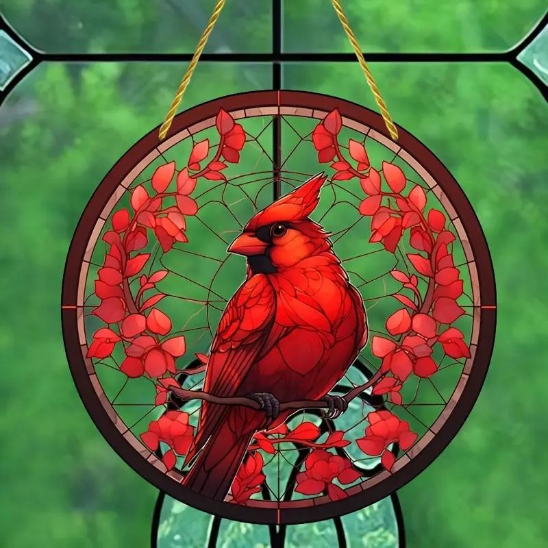 Red Cardinal Round Hanging Decor Bird Suncatcher Window Wall Art Home Decor