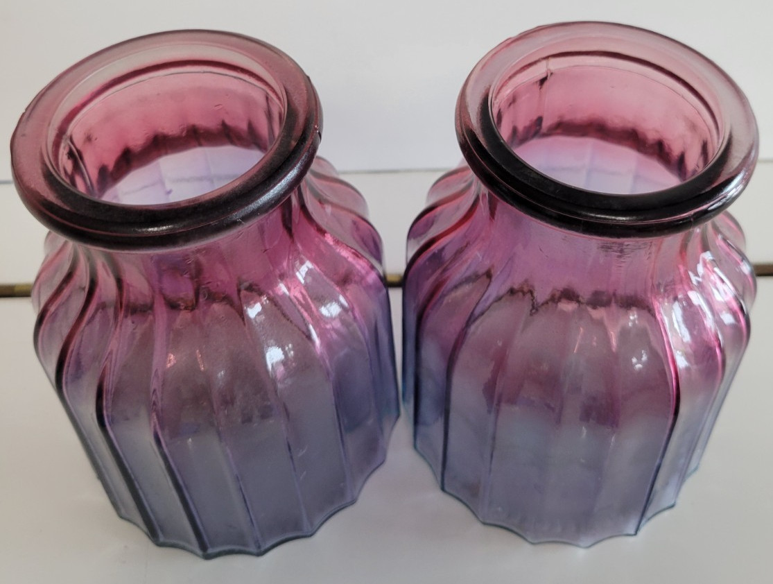 2 GREENBRIER INTL GLASS VASES BLUE BOTTOM RASPBERRY PINK TOP 6 INCHES