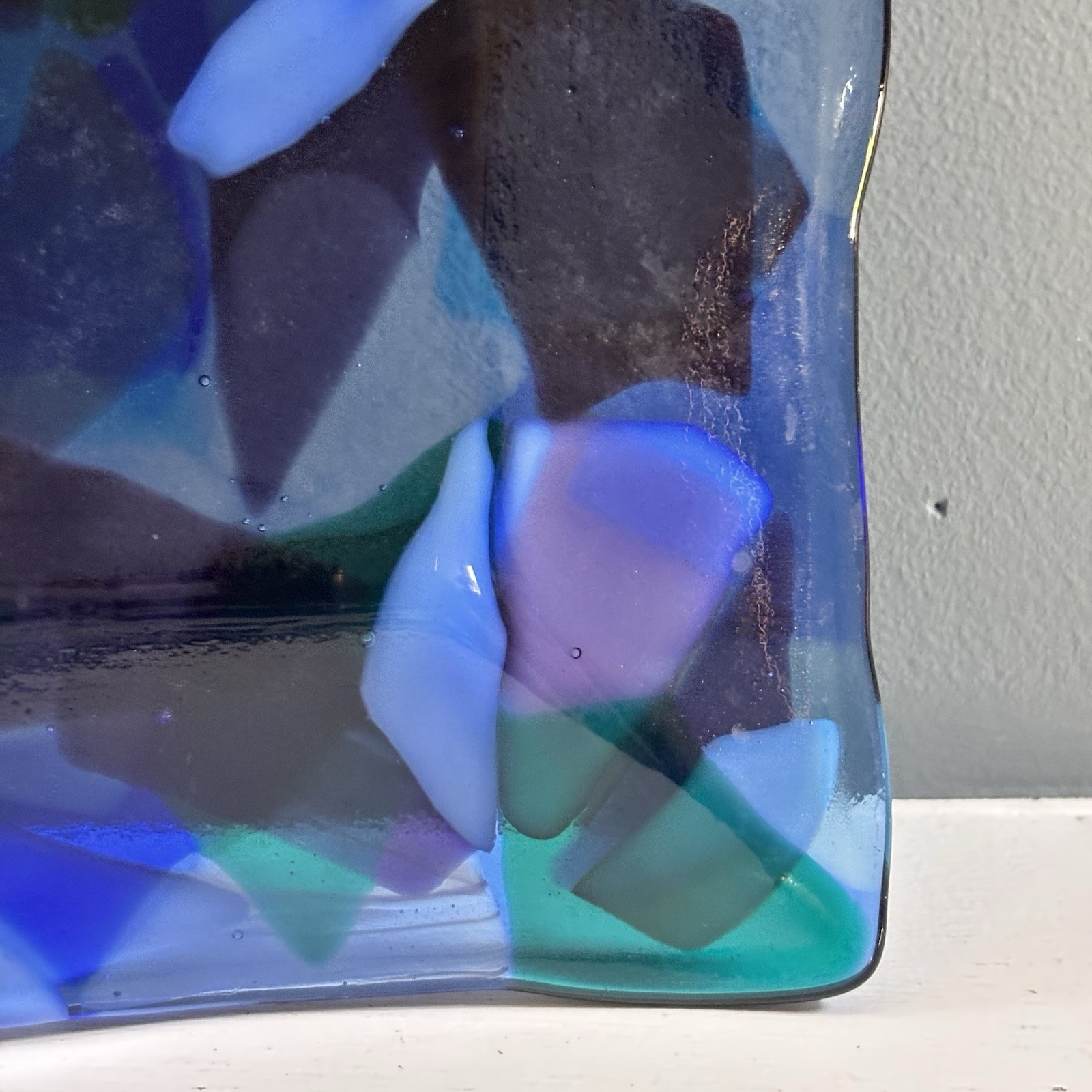 Heavy Blue Purple White Fused Art Glass Square Plate 10-1/4”