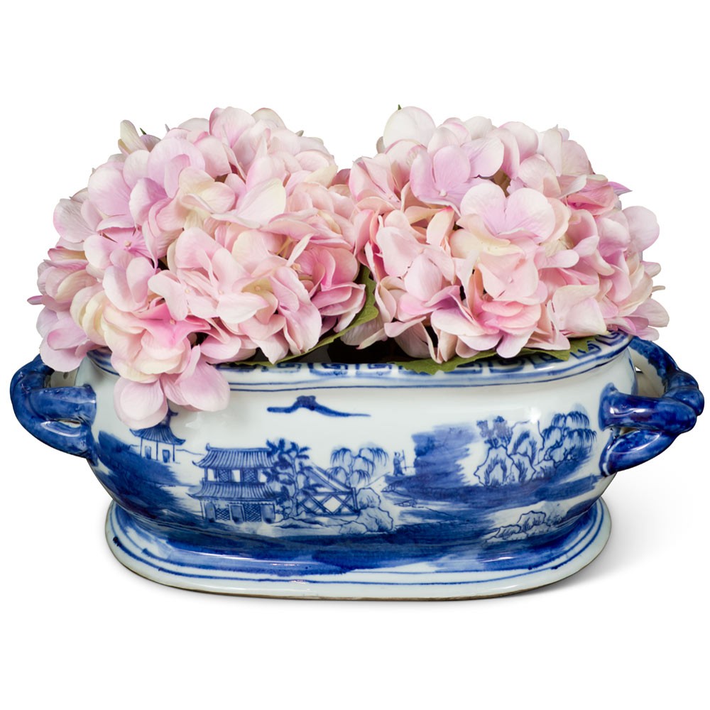 US SELLER – Blue White Chinoiserie Small Chinese Porcelain Footbath Planter