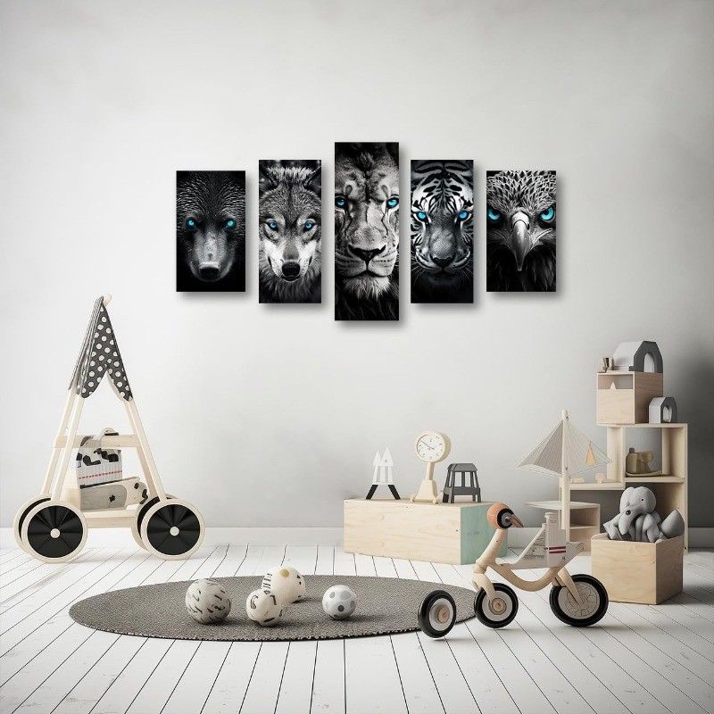 Black and White Animal Canvas Wall Art 5 Pieces Blue Eyes Eagle Bear Tiger Wolf