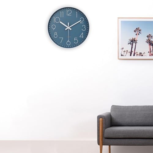 Silent Non-Ticking Battery Operated Quality Quartz Round Wall 12 Inch Cerulean
