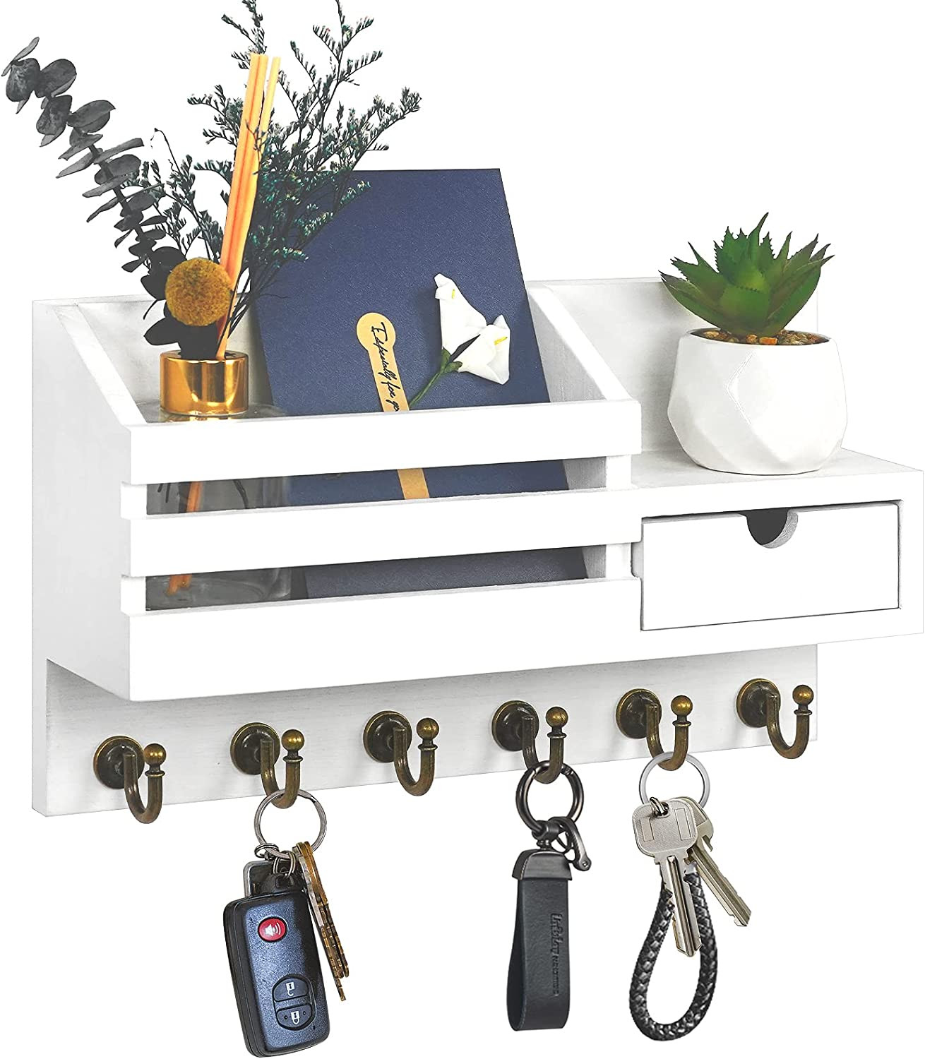 Key Holder Wall Mount: Key and Mail Holder for Wall with 6 Hooks and Storage Dra