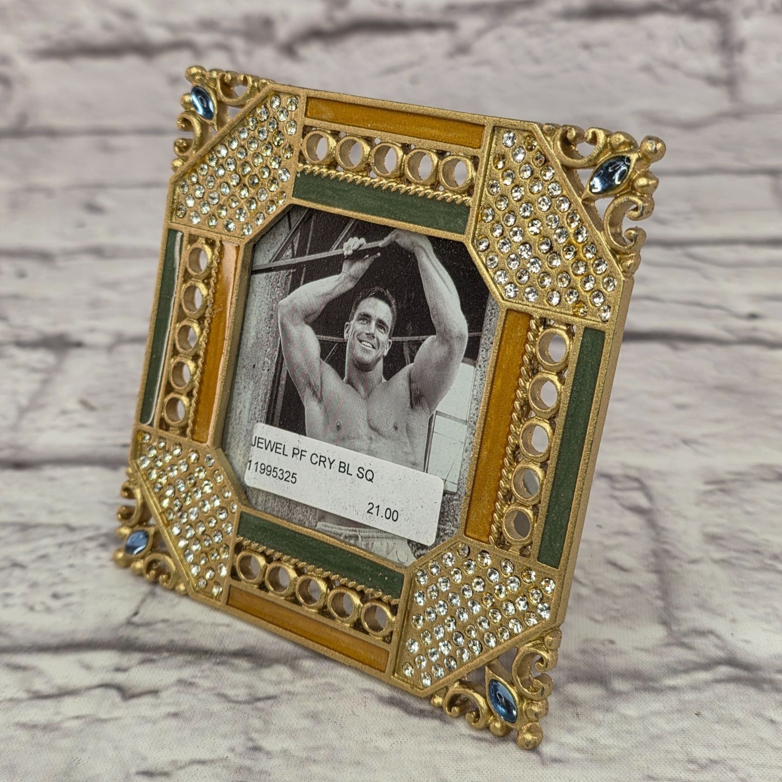 Vintage Rembrandtz Gold Jeweled Square Picture Frame 2.5 in Green Amber Accents