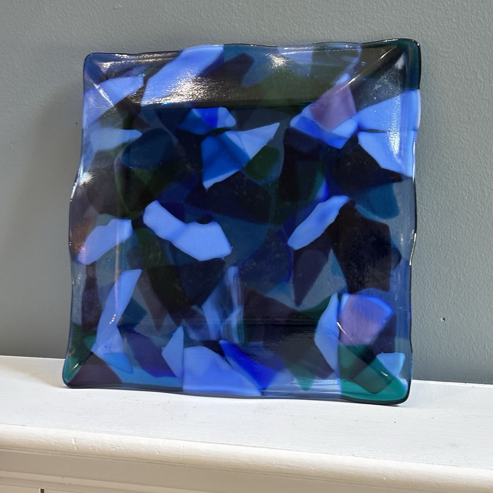 Heavy Blue Purple White Fused Art Glass Square Plate 10-1/4”