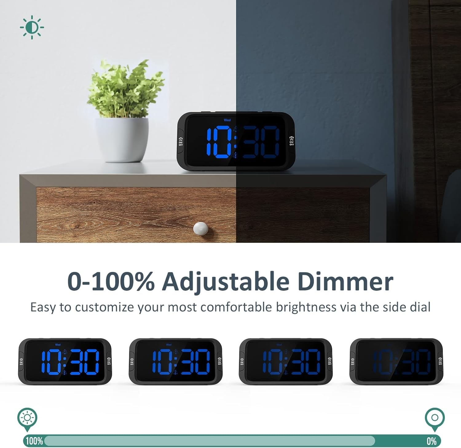 Digital Alarm Clock with Dual Alarms USB Charger Dimmer Snooze 12 24H