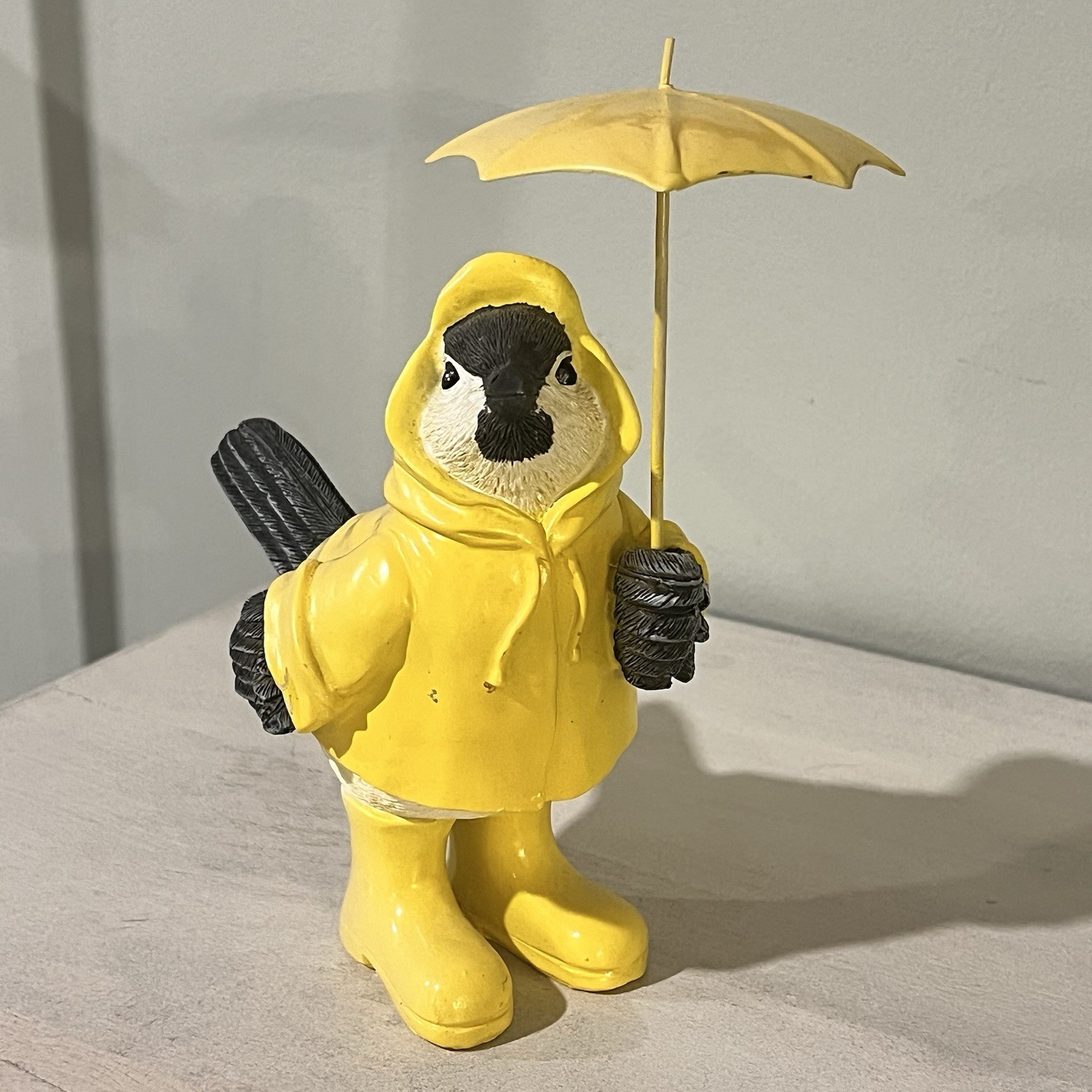 Cute Decor Bird Figurine In Raincoat And Umbrella Plastic Contemporary 7.75″