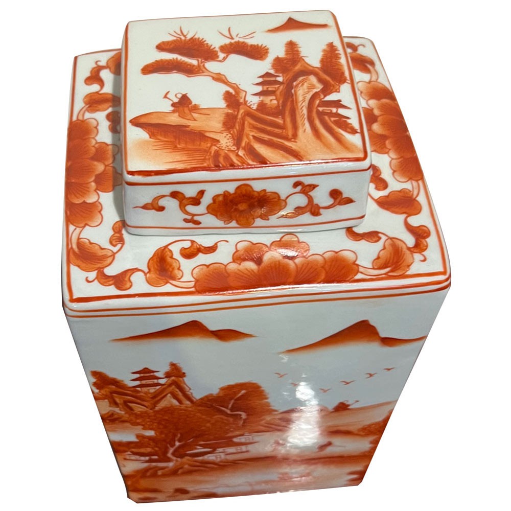 US Seller – Red Orange Porcelain Scenery Chinese Tea Jar