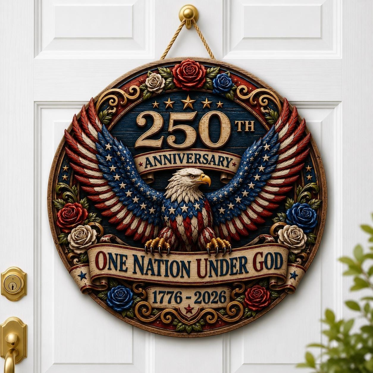 250th Anniversary Wooden Door Sign, Patriotic Eagle Wreath Decor, One Nation