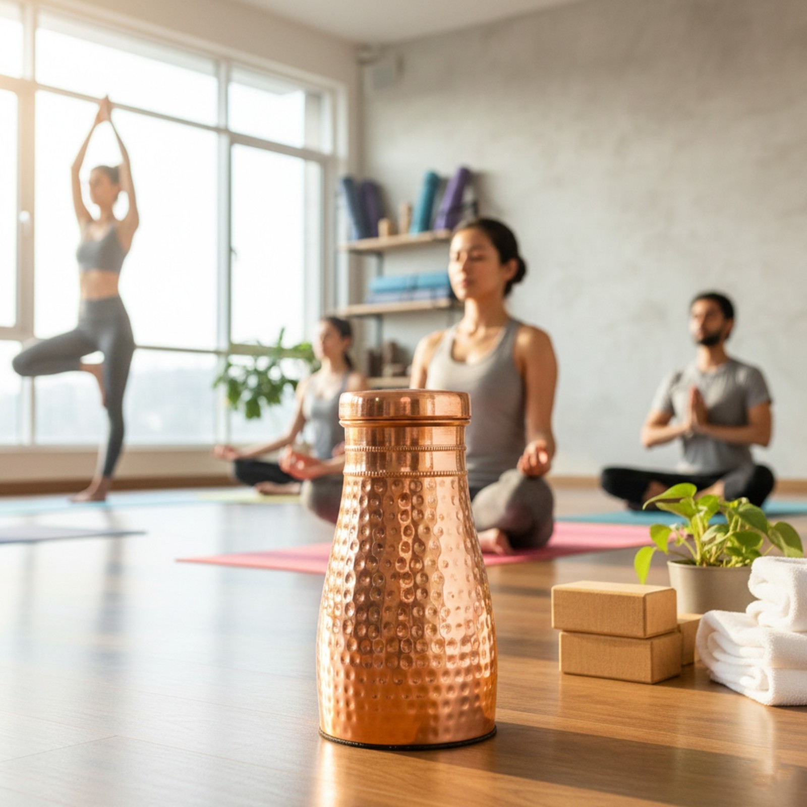 Pure Copper Water Bottle 1 Liter with Inbuilt Glass | Hammered Finish Drinkware