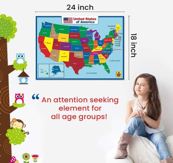 United State Map Laminated Poster -Double Side Educational Poster For Kids/Ad
