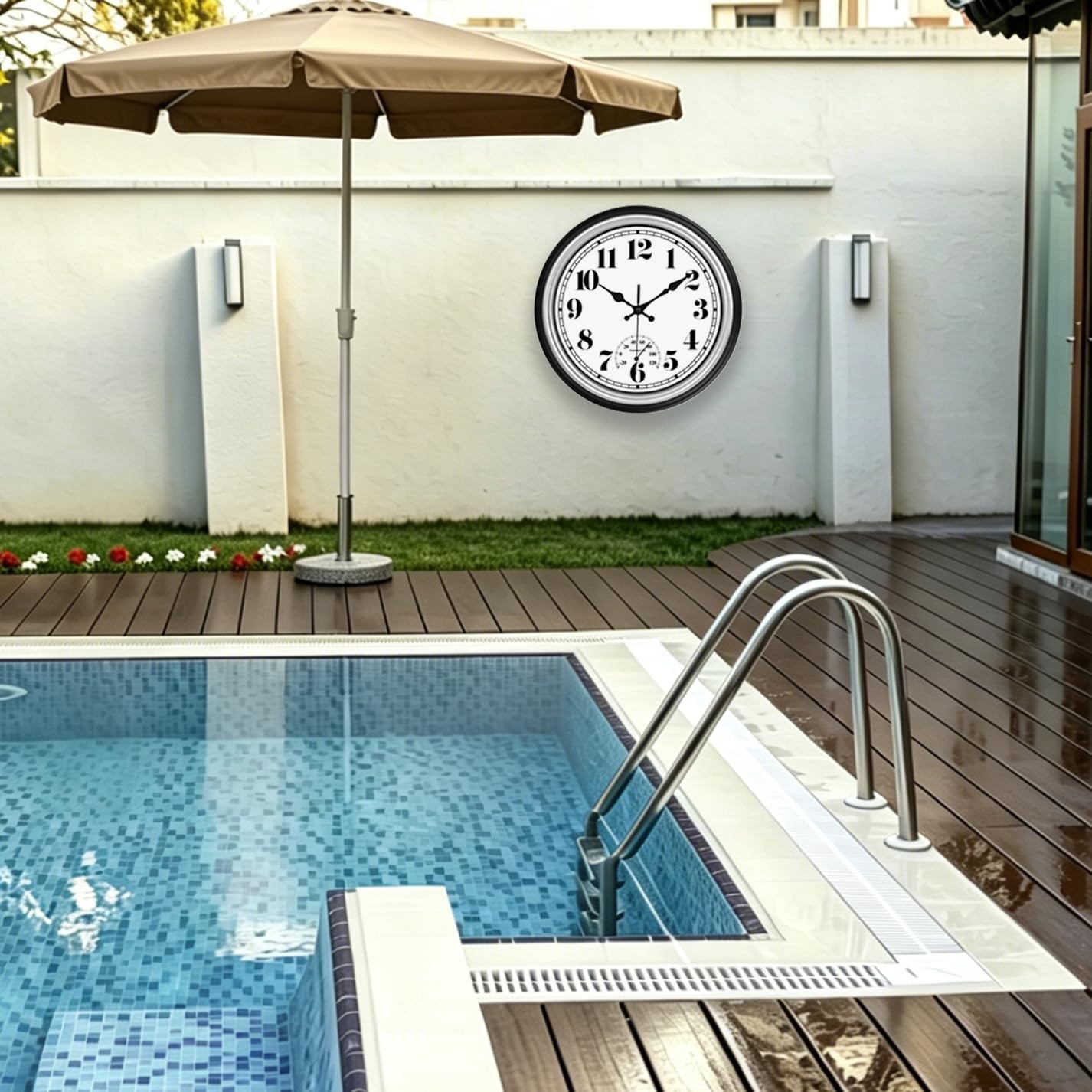 12 Inch Indoor/Outdoor Waterproof Wall Clock with Thermometer Silent Round Qu