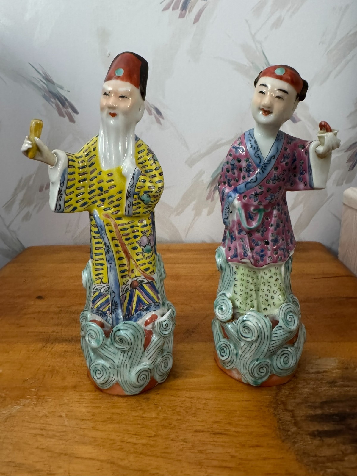 Vintage Hand-Painted Chinese Porcelain Shou Lao & Female Attendant Set China