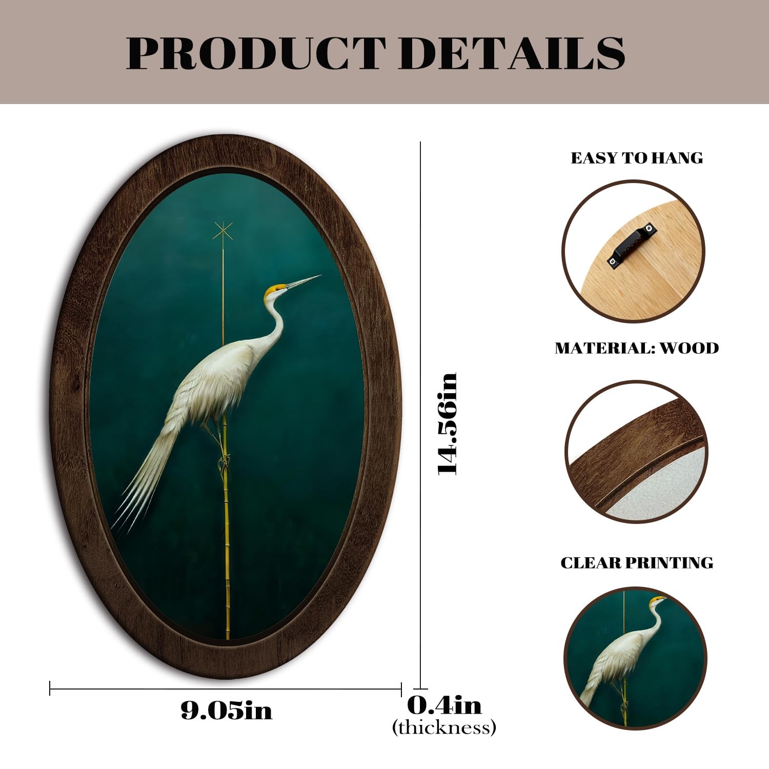 Vintage Japanese Crane Oval Wall Art Decor, Dark Green Japandi Bird Framed Wa…