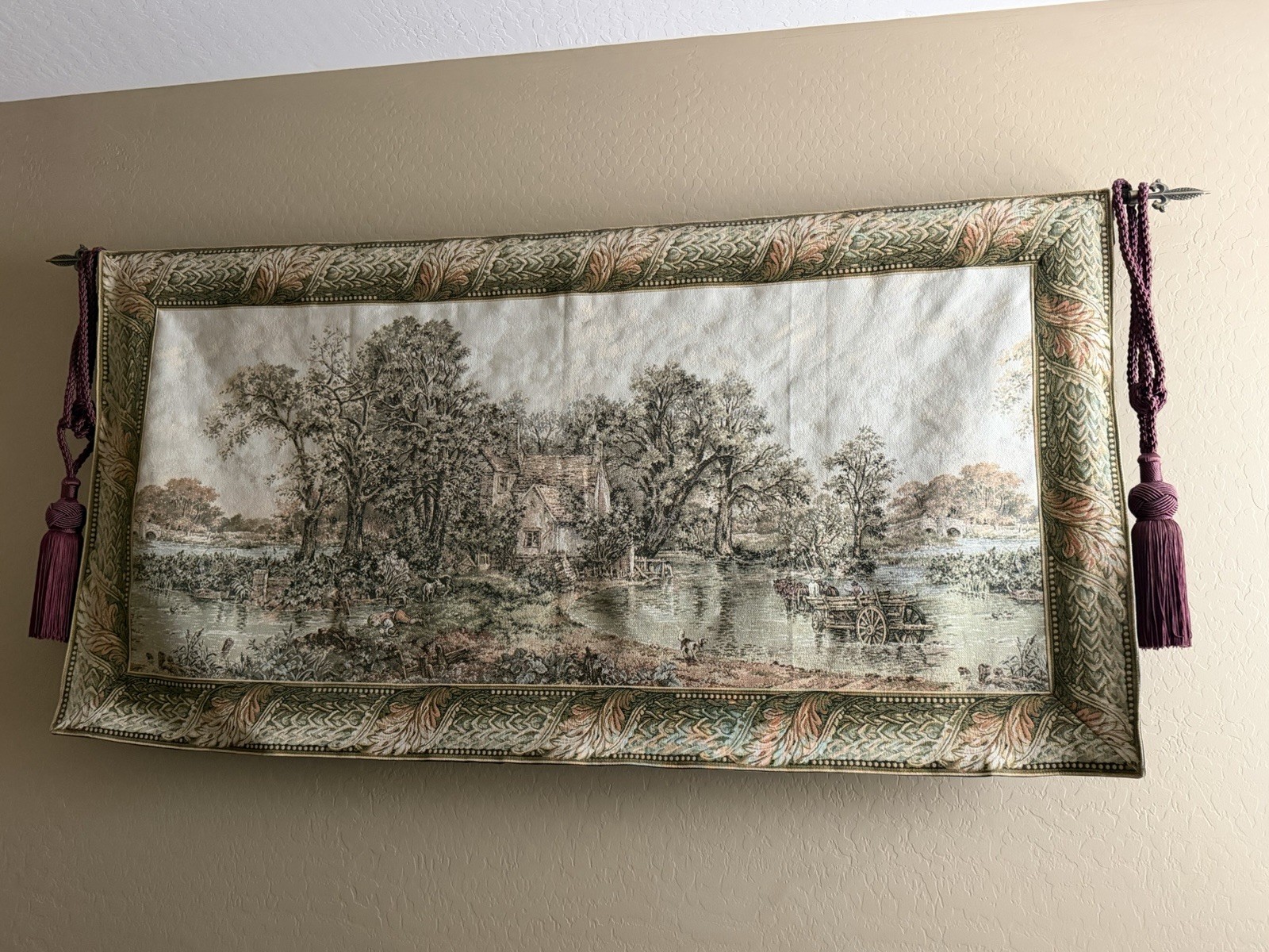 Landscape Multicolor Woven Decorative Wall Tapestry with Tassels, Horizontal