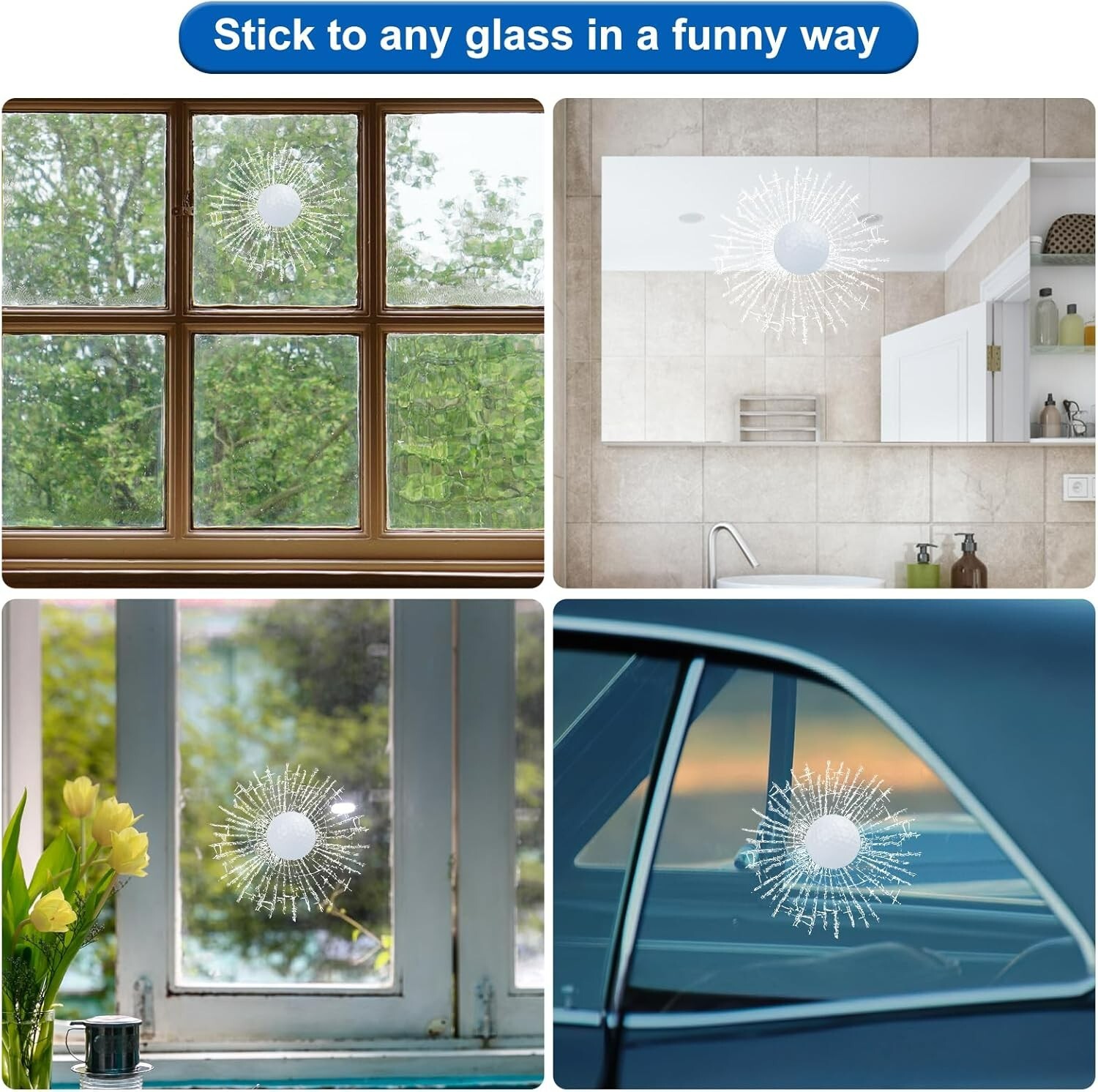 ”3D Prank Tricky Broken Glass Sticker Car Window Ball Hits Self Adhesive Funny ”