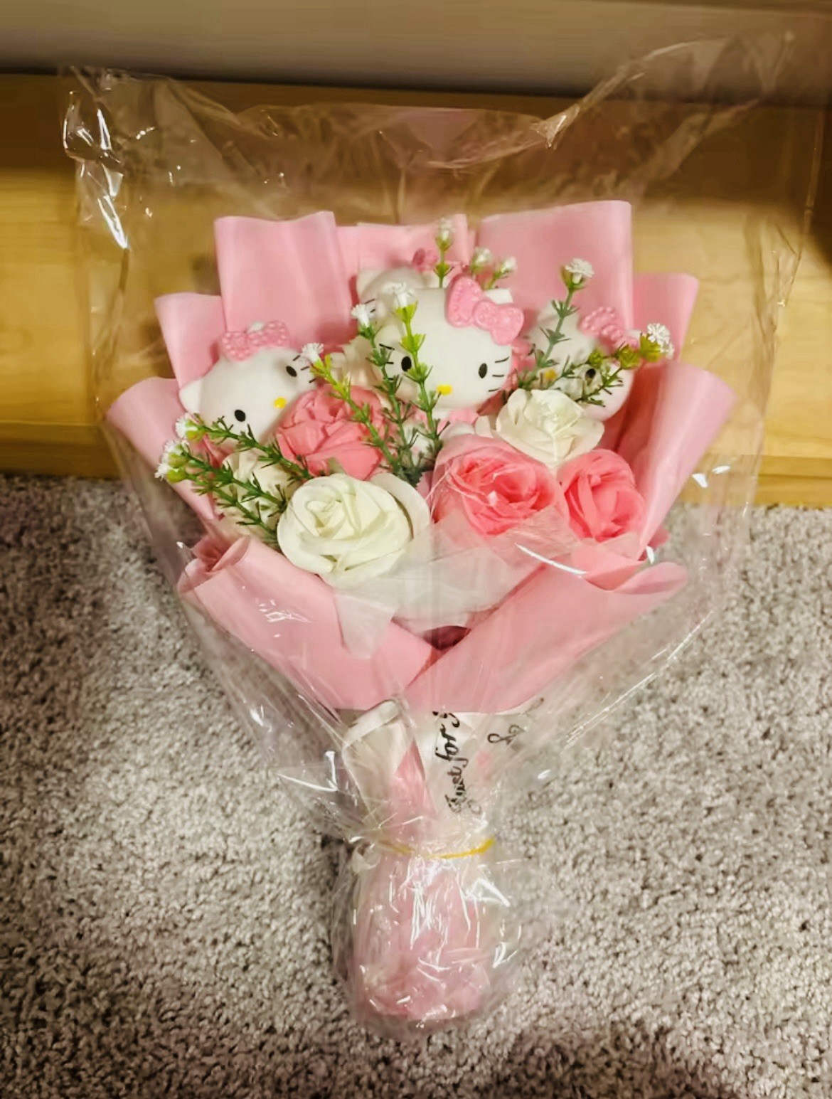 Hello Kitty Artificial Rose Bouquet Pink White Green Cartoon Theme