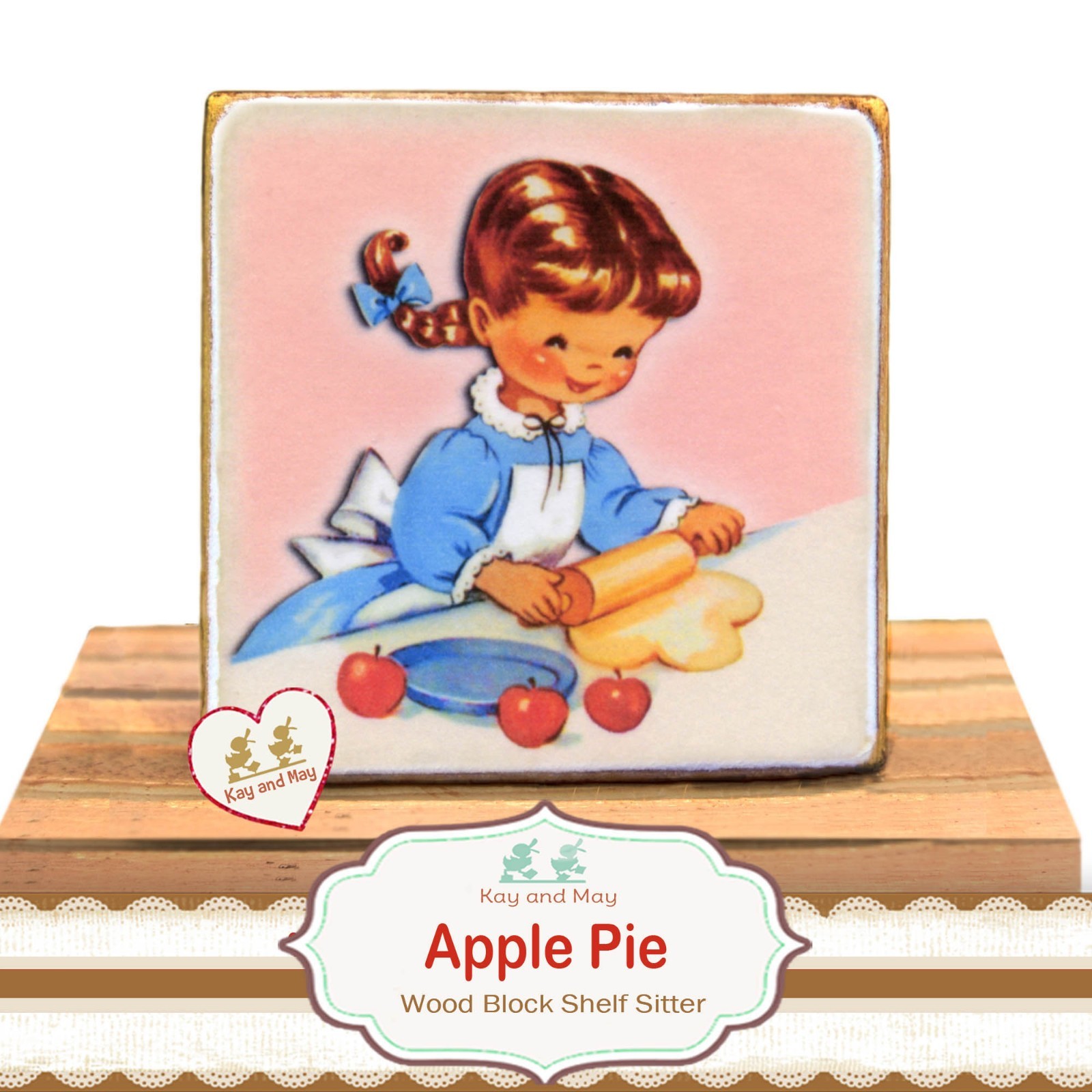 Girl Making an Apple Pie wood block Vtg image shelf decor Thanksgiving WB-47