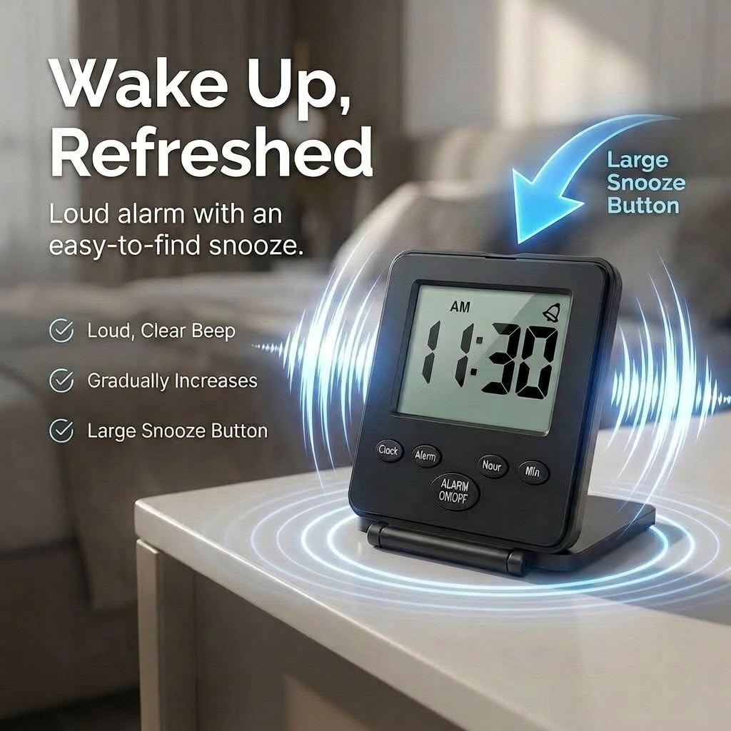 Digital Travel Alarm Clock – No Bells, Whistles, Simple 7 x 8 cm, Black