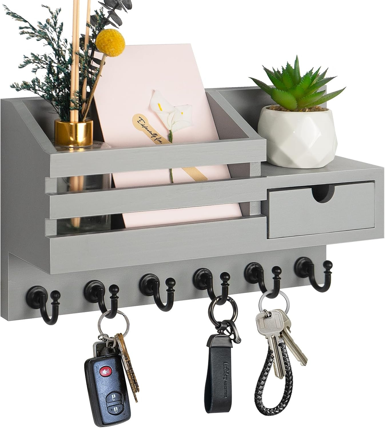 Key and Mail Holder for Wall Mail Organizer Wall Mount with 6 Hooks and Storage